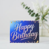 お誕生日おめでとう 金色のリボン入り筆記体 ポストカード (スタンド正面)
