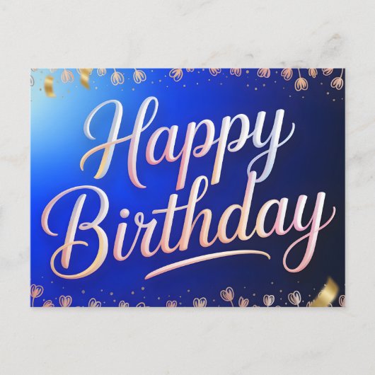 お誕生日おめでとう 金色のリボン入り筆記体 ポストカード (正面)