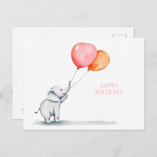 お誕生日おめでとう。風船を持つ赤ちゃん象 ポストカード (正面/裏面)