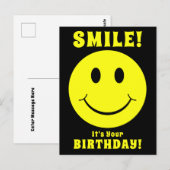 お誕生日おめでとう！黄色のスマイルマーク 黒 ポストカード (正面/裏面)