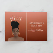 お誕生日おめでとう、黒い女性/サングラス/コッパーブラウン カード (内部)