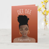 お誕生日おめでとう、黒い女性/サングラス/コッパーブラウン カード (黄色い花)