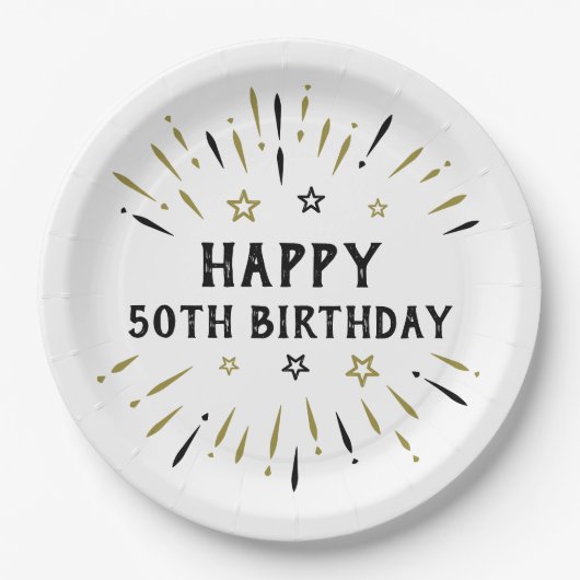 お誕生日おめでとう！５０歳の誕生日おめでとう！花火　白　黒　金 ペーパープレート (正面)