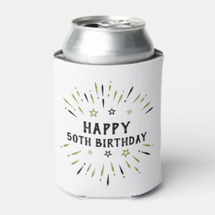 お誕生日おめでとう!50歳の誕生日おめでとう!花火 白 黒 金 缶クーラー