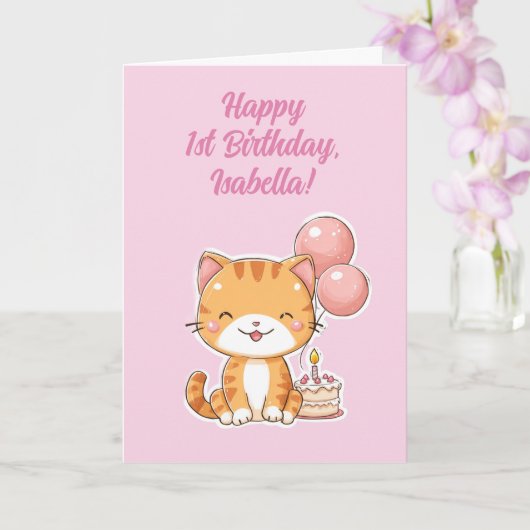 お誕生日おめでとう!1歳の女の子にぴったりなキュートな子猫 カード (蘭)