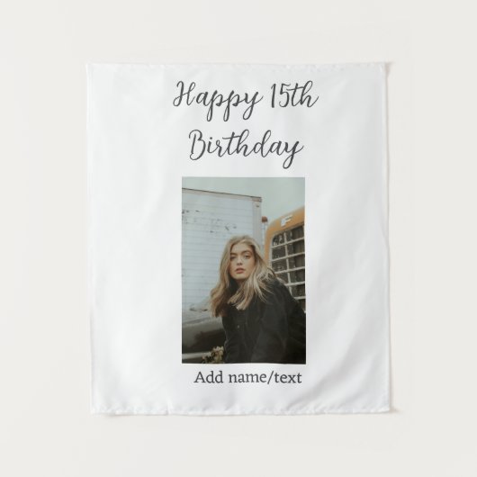 お誕生日おめでとう!15歳の誕生日 現代風名前フォトテキスト タペストリー (正面)