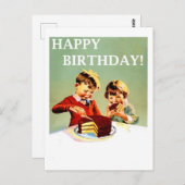 お誕生日おめでとう、2人の子供がケーキを食べる、レトロ ポストカード (正面/裏面)