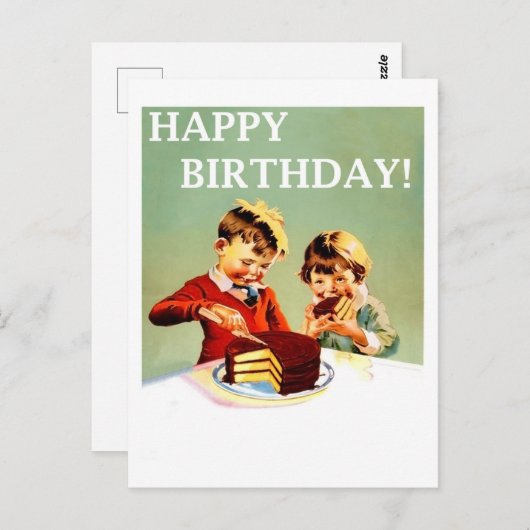 お誕生日おめでとう、2人の子供がケーキを食べる、レトロ ポストカード (正面/裏面)
