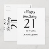 お誕生日おめでとう！21歳の誕生日を飾るシンプルな名前ミニマル ポストカード (正面/裏面)