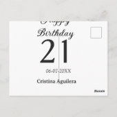 お誕生日おめでとう！21歳の誕生日を飾るシンプルな名前ミニマル ポストカード (裏面)