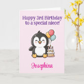 お誕生日おめでとう!3歳のいとこへ ペンギンのイラスト入り 名入れギフト カード (黄色い花)