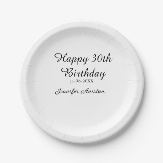 お誕生日おめでとう　30歳　名前　日付　スタイリッシュ　シンプル ペーパープレート (正面)