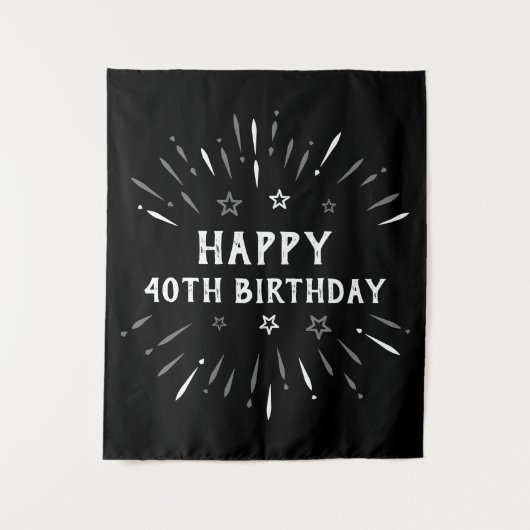 お誕生日おめでとう！40歳の誕生日 花火 黒 白 グレー タペストリー (正面)