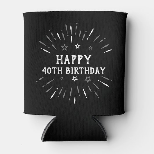 お誕生日おめでとう！40歳の誕生日 花火 黒 白 グレー 缶クーラー (正面)