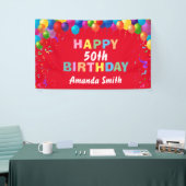 お誕生日おめでとう！50歳 色鮮やかな風船 赤 横断幕 (トレードショー)