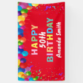 お誕生日おめでとう！50歳 色鮮やかな風船 赤 横断幕 (縦)