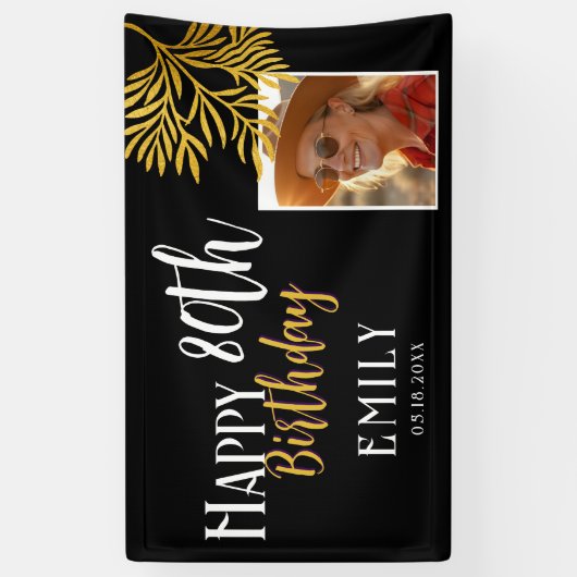 お誕生日おめでとう!80歳の金色葉っぱの写真用背景 横断幕 (縦)