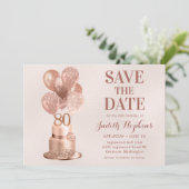 お誕生日おめでとう 80歳 ローズゴールド ケーキ セーブザデート (スタンド正面)
