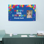 お誕生日おめでとう！90歳 色鮮やかな風船 青 横断幕 (トレードショー)