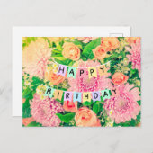 お誕生日お花 ピンクの菊とバラ ポストカード (正面/裏面)