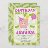 お誕生日お金貯金箱の女の子のパーティー招待状 招待状 (正面/裏面)