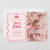 お誕生日にチョコっとプラス | ピンクと赤のチェリー写真付きバースデー 招待状 (正面)