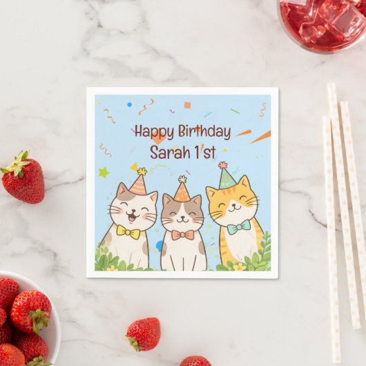 お誕生日のネコ3兄弟 | 名前と年齢のカスタマイズ スタンダードカクテルナプキン (インサイチュ)