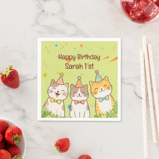 お誕生日のネコ3兄弟 | 名前と年齢のカスタマイズ スタンダードカクテルナプキン (インサイチュ)