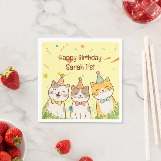 お誕生日のネコ3兄弟 | 名前と年齢のカスタマイズ スタンダードカクテルナプキン (インサイチュ)