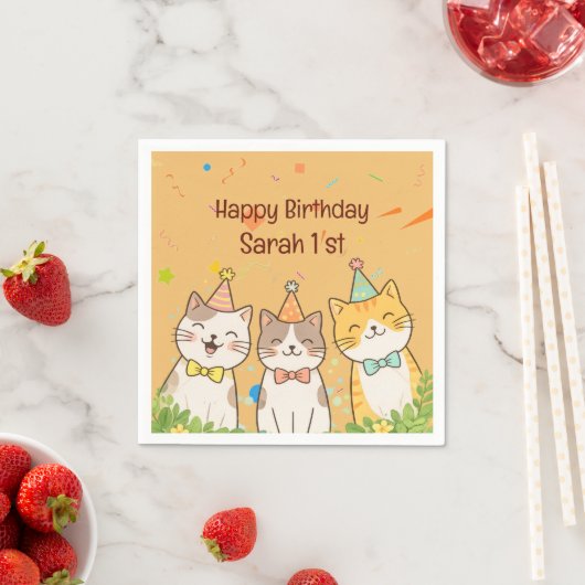 お誕生日のネコ3兄弟 | 名前と年齢のカスタマイズ スタンダードカクテルナプキン (インサイチュ)