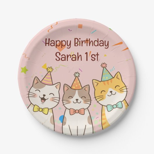お誕生日のネコ3兄弟 | 名前と年齢のカスタマイズ ペーパープレート (正面)
