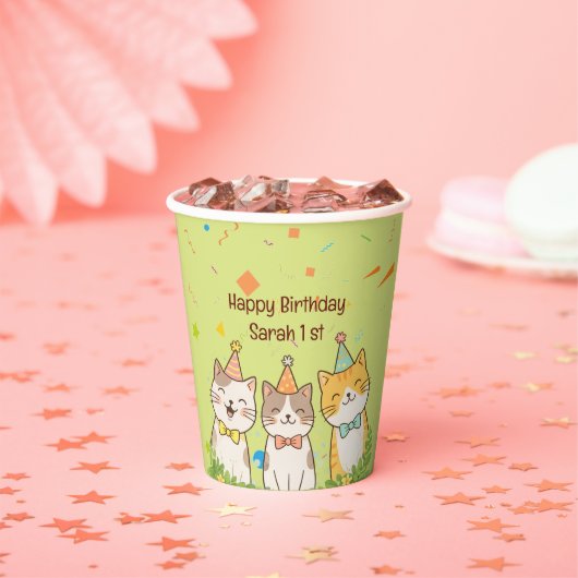お誕生日のネコ3兄弟 | 名前と年齢のカスタマイズ 紙コップ (インサイチュ)