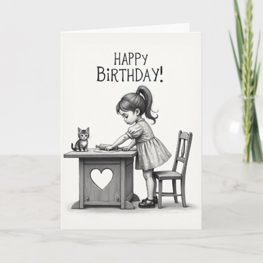 お誕生日の女の子と猫のカード カード (正面)
