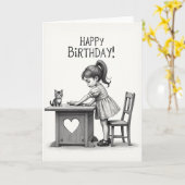 お誕生日の女の子と猫のカード カード (黄色い花)