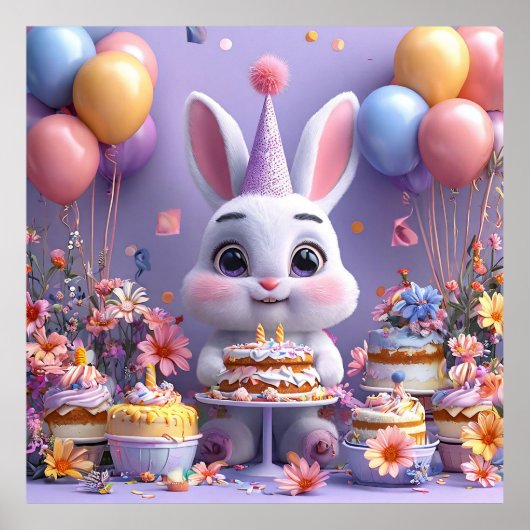 お誕生日を祝う愛らしいうさぎ ポスター (正面)