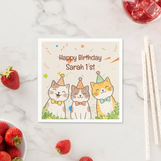 お誕生日を迎えた3匹のネコ | 名前と年齢のカスタマイズ スタンダードカクテルナプキン (インサイチュ)