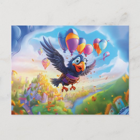 お誕生日カラスの風船とファンタジー城のラ ポストカード (正面)