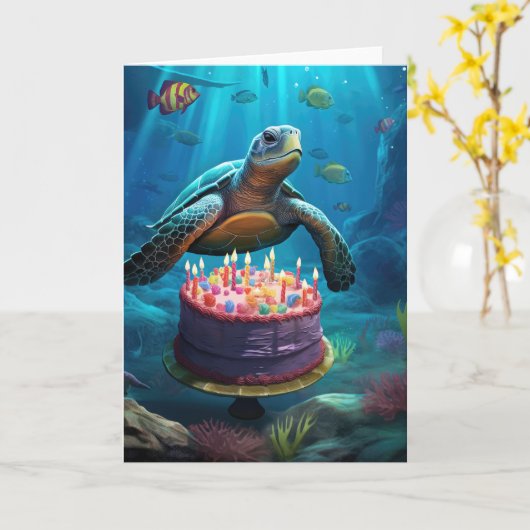 お誕生日ケーキで亀 カード (黄色い花)