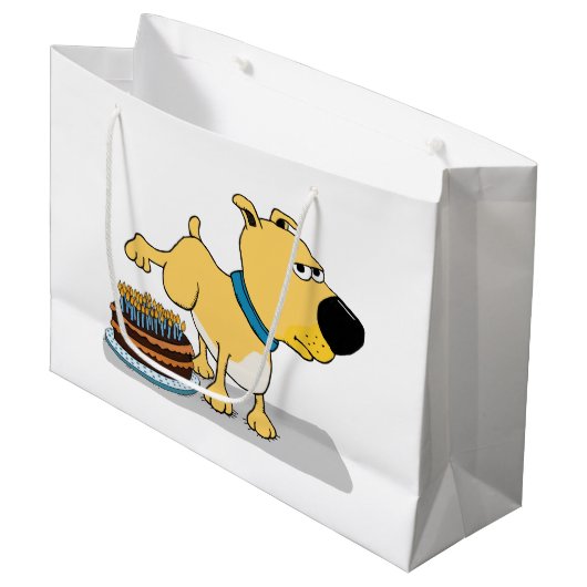 お誕生日ケーキで小便をするおもしろい犬 ラージペーパーバッグ (正面アングル)