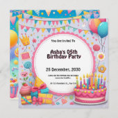 お誕生日ケーキとバルーンパーソナライズされた 招待状 (正面/裏面)