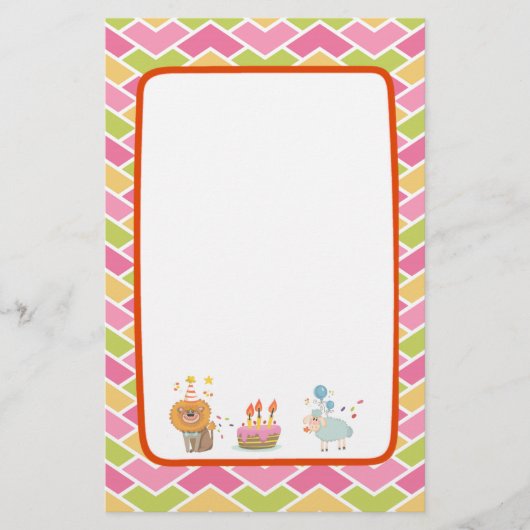 お誕生日ケーキとパーティーライオンとバルーンシープ 便箋 (正面)