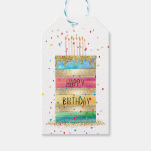 お誕生日ケーキと紙吹雪「ハッピーバースデー」 ギフトタグ