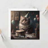 お誕生日ケーキと風船のかわいい猫 カード (正面/裏面インサイチュ)