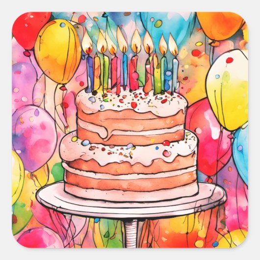 お誕生日ケーキのシールまたは封筒用シール スクエアシール (正面)
