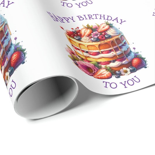 お誕生日ケーキの果実と花パーソナライズされた ラッピングペーパー (ロールコーナー)