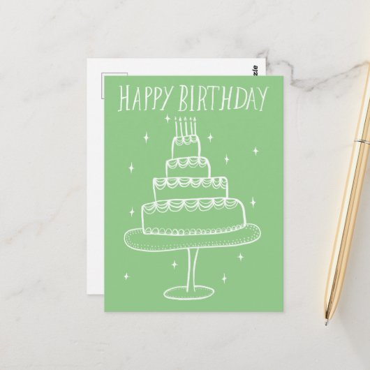 お誕生日ケーキの遊び心あふれるスケッチ落書き ポストカード (正面/裏面インサイチュ)