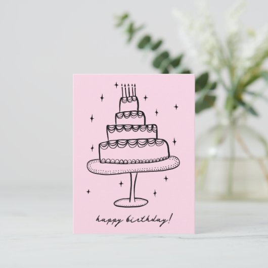 お誕生日ケーキの遊び心あふれるスケッチ・落書き ポストカード (スタンド正面)