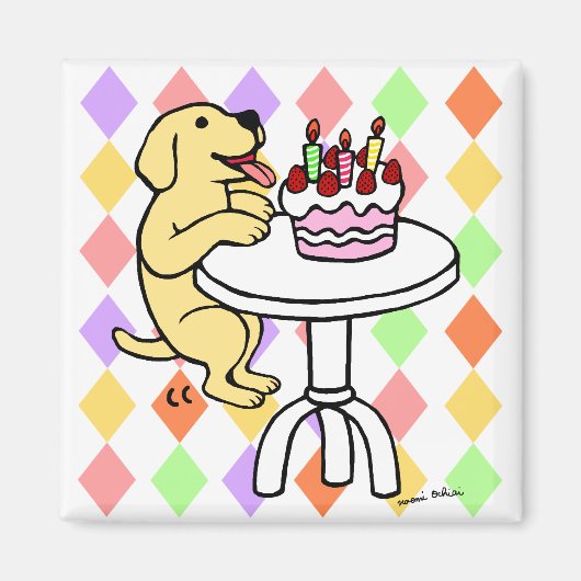お誕生日ケーキイエローラブラドール漫画 マグネット (正面)