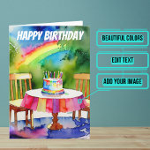 お誕生日ケーキインバックヤードとレインボーウォーター色 カード