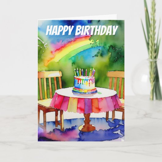 お誕生日ケーキインバックヤードとレインボーウォーター色 カード (正面)